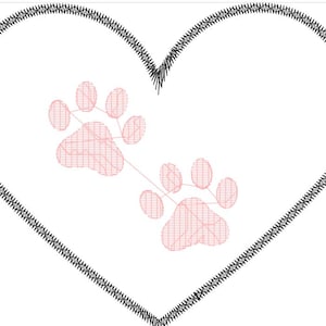 May include: A white background with a black heart-shaped outline. Inside the heart are two pink paw prints. The paw prints are connected by a thin line. The heart outline has a textured, stitched appearance.
