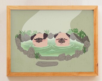 May include: A framed print featuring two cartoon pugs relaxing in a hot spring. The pugs are pink with black ears and are in a green pool surrounded by rocks and greenery. The frame is light brown. The print is labeled "COZYPRINTS 820".
