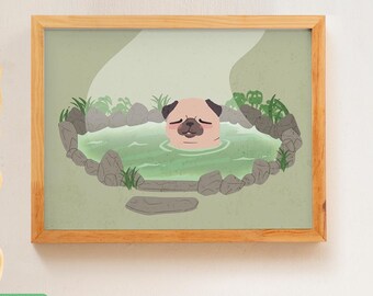 May include: A framed print featuring a cartoon pug relaxing in a hot spring. The pug is light brown with a black muzzle and ears. The hot spring is surrounded by rocks and greenery, with steam rising above. The frame is made of light wood.