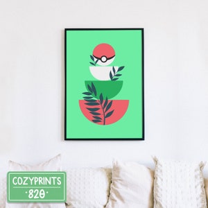 Pokeball Floral Wall Art | Poke Ball Poster | Green Minimalist Game Art | Gaming Decor Gaming Room | Wall Decor | Gamer Gifts | Wall Print