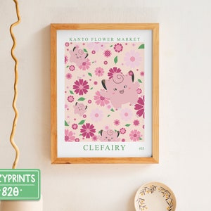 Flower Market Clefairy Wall Art | Gaming Poster | Gaming Decor | Gamer Room | Floral Pink Flowers | Video Game Poster | Home Decor | Floral