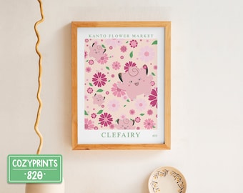 Clefairy Wall Art | Gaming Poster | Framed Print | Gaming Decor | Gamer Room | Floral Pink Flowers | Video Game