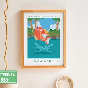 May include: A framed print of a cartoon Magikarp, a red and orange fish, jumping out of the water. The print has a blue background and the text "KANTO FLOWER MARKET" and "MAGIKARP #129" in black.