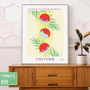May include: A yellow and green poster with a red and white cartoon character. The poster has the text "KANTO FLOWER MARKET" and "VOLTORB #100".