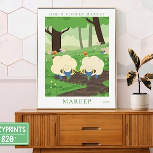May include: A framed art print featuring a cartoon illustration of two sheep in a meadow. The print has the text "Johto Flower Market" at the top and "Mareep" at the bottom. The print is displayed on a wooden cabinet with a plant in a white pot.