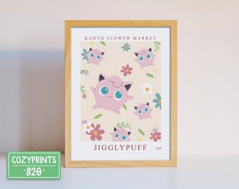 Jigglypuff Wall Art | Gaming Poster | Gaming Decor | Gamer Room | Floral Pink Flowers | Video Game Poster | Home Decor