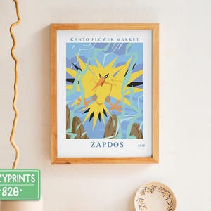 May include: A framed print of a yellow and blue cartoon bird with the text "KANTO FLOWER MARKET" and "ZAPDOS #145" at the top and bottom of the image.