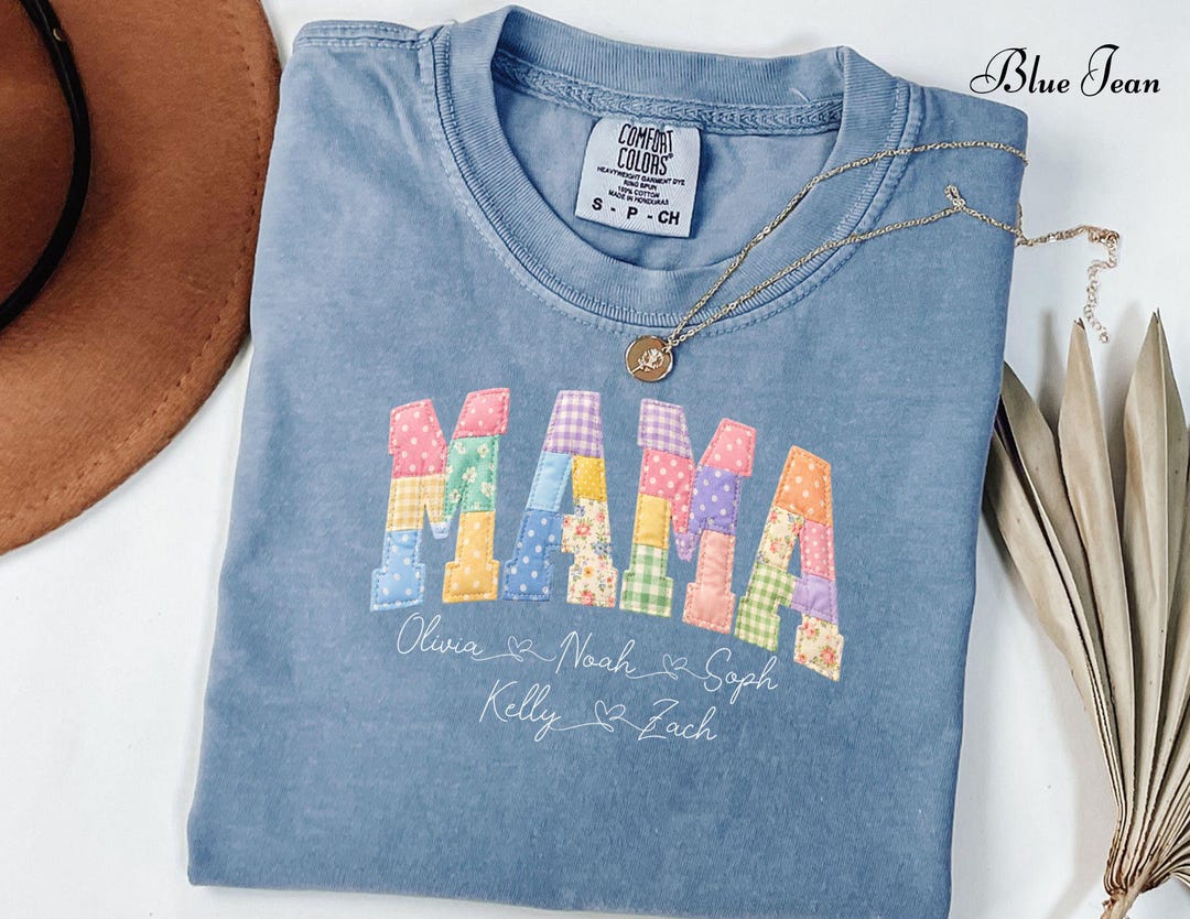 Mama Color:blue Comfort Colors® Mama Est 2026 Shirt, Floral Patchwork Mama Tee With Bow ...