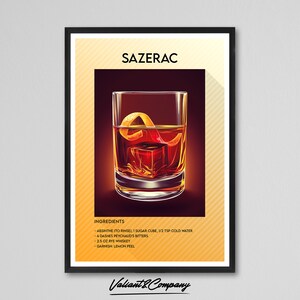 Impresión de cóctel Sazerac / Arte de pared de cóctel Sazerac / Cartel de cóctel de carrito de bar / Arte de pared de bebida de firma de fiesta / Impresión de arte premium