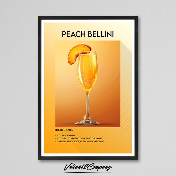 Peach Bellini Cocktail Print | Peach Bellini Cocktail Art | Bar Cart Cocktail Poster | Party Signature Drink Wall Art | Premium Art Print