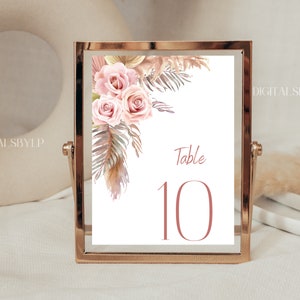 Rose Pampas Wedding Table Numbers, 5x7 and 4x6 Editable and Printable, Wedding Template