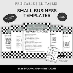 Könnte beinhalten: Ein Satz druckbarer Kleinunternehmensvorlagen in einem schwarz-weißen Schachbrettmuster. Die Vorlagen umfassen Preislisten, Geschäftszeiten, soziale Medien, hinterlassen Sie eine Bewertung, Scannen zum Bezahlen, möchten Sie einen Rabatt, Tischschild, E-Mail-Anmeldeliste, Flyer für Pop-up-Shop, Trinkgeld für Ihren eingefügten Berufsbezeichnung, treffen Sie Ihren eingefügten Beruf, und möchten Sie einen Rabatt. Die Vorlagen sind in Canva bearbeitbar und beinhalten Bonus-Plug-and-Play-Elemente oder QR-Code-Anweisungen.