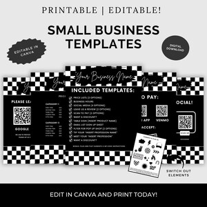 Könnte beinhalten: Schwarz-weiß kariertes Hintergrundbild mit einem Satz druckbarer Kleinunternehmensvorlagen. Die Vorlagen umfassen Preislisten, Geschäftszeiten, soziale Medien, hinterlassen Sie eine Bewertung, Scannen zum Bezahlen, möchten Sie einen Rabatt, Tischschild, E-Mail-Anmeldeformular, Flyer für Pop-up-Shop, Trinkgeld für Ihren "Beruf einfügen", treffen Sie Ihren "Beruf einfügen", und möchten Sie einen Rabatt. Die Vorlagen sind in Canva bearbeitbar und beinhalten Bonus-Pug-and-Play-Elemente oder QR-Code-Anweisungen.