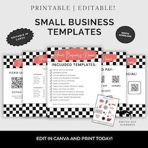 Könnte beinhalten: Ein Satz druckbarer Kleinunternehmensvorlagen in einem schwarz-weißen Karomuster mit rosa Akzenten. Die Vorlagen umfassen Preislisten, Geschäftszeiten, soziale Medien, hinterlassen Sie eine Bewertung, Scannen zum Bezahlen, möchten Sie einen Rabatt, Tischschild, E-Mail-Liste zum Anmelden, Flyer für Pop-up-Shop, Trinkgeld für Ihren "Beruf einfügen", treffen Sie Ihren "Beruf einfügen", möchten Sie einen Rabatt und Bonus-Plug-and-Play-Elemente oder QR-Code-Anweisungen. Die Vorlagen sind in Canva bearbeitbar.