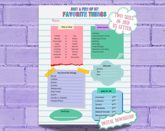 Favorite Things Form, Get to Know Teacher Printable, Favorite Things List, All About Me, Coworker Questionnaire, Employee Favorites!
