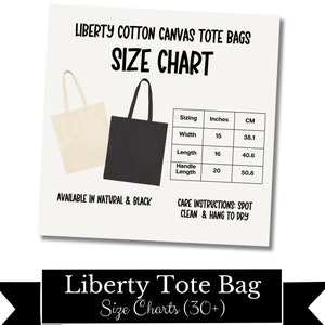 Pacote de tabelas de tamanhos de sacolas Liberty, mockup de tabela de tamanhos de sacolas de lona, tamanhos de sacolas, mockups de sacolas naturais, tabela de tamanhos de sacolas