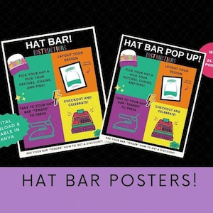 Può includere: Due poster colorati con istruzioni per un bar di cappelli. I poster misurano 16 x 20 pollici e 24 x 36 pollici. I poster hanno un design retrò con uno stile cartone animato. I poster contengono istruzioni su come scegliere un cappello, personalizzarlo e pagare.