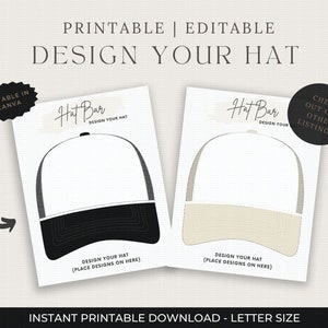 Pode incluir: Modelo de design imprimível para um boné de beisebol. O modelo apresenta dois bonés, um preto e um bege, com um espaço em branco para adicionar designs. O texto "Hat Bar Design Your Hat" está no topo do modelo.