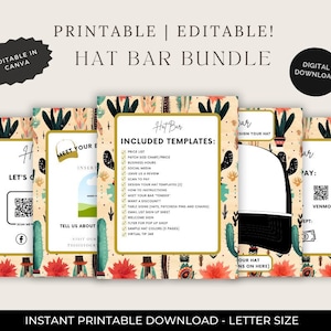 May include: Printable hat bar bundle with a cactus and floral design. The bundle includes templates for a price list, patch size chart, business hours, social media, leave a review, scan to pay, design your hat templates, how to instructions, meet your bartender, want a discount, table signs, email list sign up sheet, welcome sign, flyer for pop up shop, sample hat colors, and virtual tip jar.