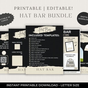 以下が含まれることがあります： 帽子バービジネス向けの編集可能なテンプレートが付属した、印刷可能な帽子バーバンドル。テンプレートには、価格表、パッチサイズチャート、営業時間、ソーシャルメディア、レビューの投稿、スキャンして支払い、帽子テンプレートのデザイン、手順、バーテンダーとの面会、割引の希望、無料パッチの希望、テーブルサイン、メールリスト登録シート、ウェルカムサイン、ポップアップショップのチラシ、帽子カラーサンプルなどが含まれています。テンプレートは白地に黒文字の白黒で作成されています。