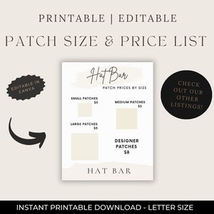 Peut inclure: Liste de prix imprimable pour un bar à chapeaux avec différentes tailles et prix de patchs. La liste est modifiable dans Canva et comprend des patchs petits, moyens, grands et de créateur. Le texte "Hat Bar" est écrit dans un style manuscrit.