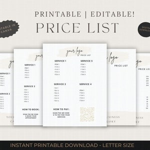 May include: Printable price list template with a watercolor background. The template includes sections for service 1, service 2, service 3, service 4, and how to book and pay. The template also includes a QR code for booking and paying for services.