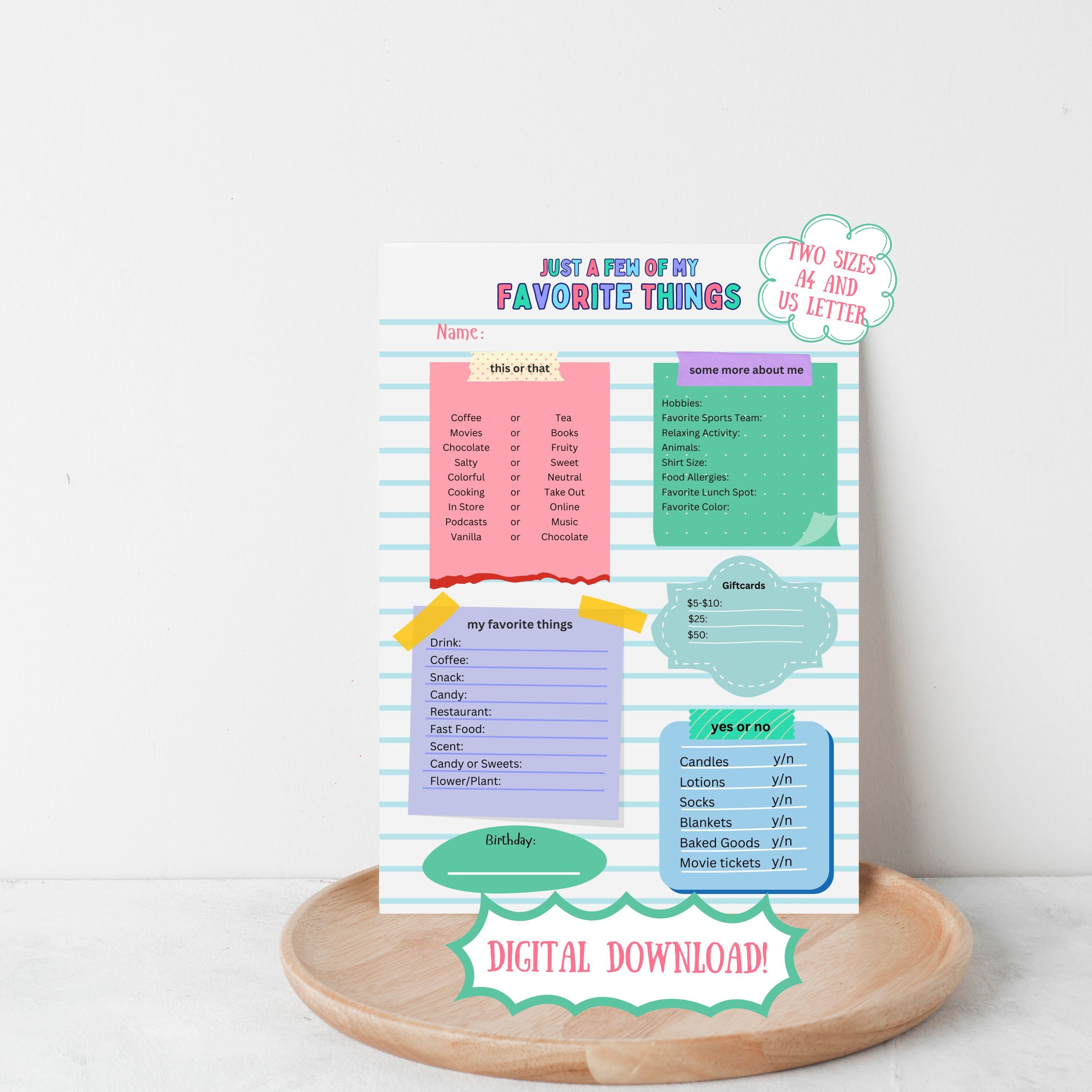 Favorite Things Form, Get to Know Teacher Printable, Favorite Things ...