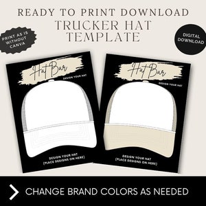 Peut inclure: Deux modèles de casquettes de camionneur imprimables avec le texte "Hat Bar" et "Design Your Hat" sur un fond noir. Les casquettes sont blanches et beiges avec un dos en mesh.