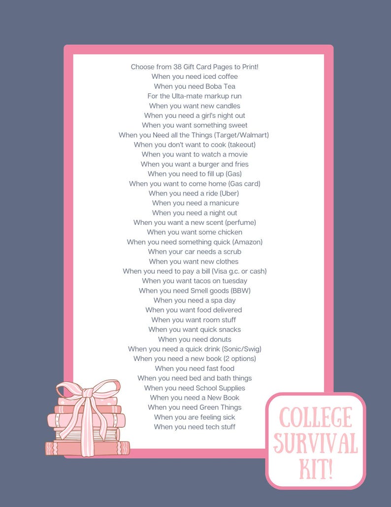 College Drop Off Gift! College Survival Kit Gift Card Book: DIY Printable Gift Card Book. College gift, Print ASAP! Buy a custom cover! image 3