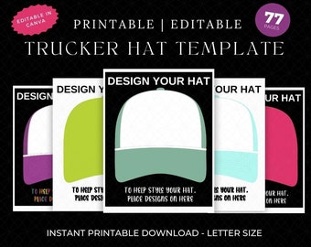 Puede incluir: Plantilla de gorra de camionero imprimible con 77 páginas. La plantilla incluye cinco diseños de gorras diferentes con áreas en blanco para agregar diseños. El texto en la plantilla dice "Design Your Hat", "Our Hat", y "To Help Style Your Hat. Place Designs On Here."