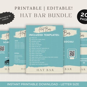 Trucker Hat Bar bewerkbare sjablonen. Perfect voor die pop-upwinkel met vrachtwagenpetten. Personaliseer in Canva en druk meer dan 20 gepersonaliseerde pagina's af!