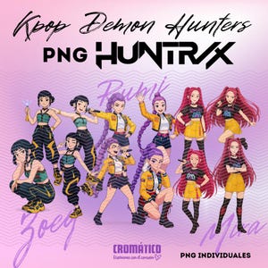Puede incluir: Ilustración de personajes de Kpop Demon Hunters. La imagen presenta nueve figuras femeninas estilizadas en varias poses, vestidas con atuendos en tonos amarillos, negros y turquesas. El texto incluye "Kpop Demon Hunters", "PNG HUNTRAX" y nombres de personajes. El fondo es un degradado rosa y morado.