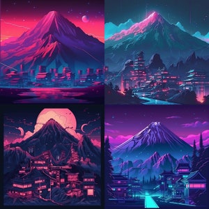 Peut inclure: Un collage d'art numérique composé de quatre images représentant une chaîne de montagnes stylisée avec une ville au premier plan. Les images sont dans un schéma de couleurs rose et bleu néon.