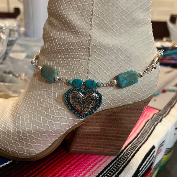 Hand Made Silver Heart & Turquoise Western Theme Boot Bracelet