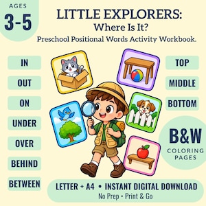 May include: A preschool activity workbook titled Little Explorers: Where Is It? featuring a cartoon explorer with a magnifying glass. The cover displays positional words like in, out, on, under, over, behind, and between, alongside colorful illustrations of a cat, dog, bird, and apple.