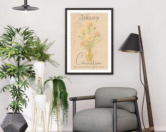 Vintage Carnation January Birth Flower Print: Botanical Art (Digital Download)