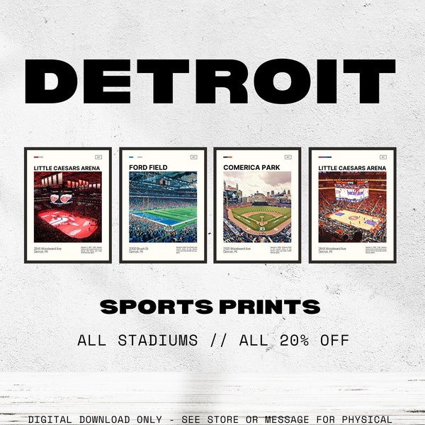 Lot d'imprimés Detroit Sports Stadium | Parc Comerica | Champ Ford | Petits Césars | Peinture à l'huile numérique | Pistons | lions | Tigres | ailes rouges
