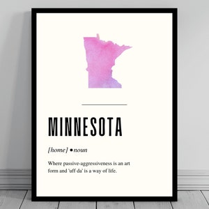 Funny Minnesota Definition Print | Minnesota Poster | Minimalist State Map | Watercolor State Silhouette | Modern Travel | Word Art Decor