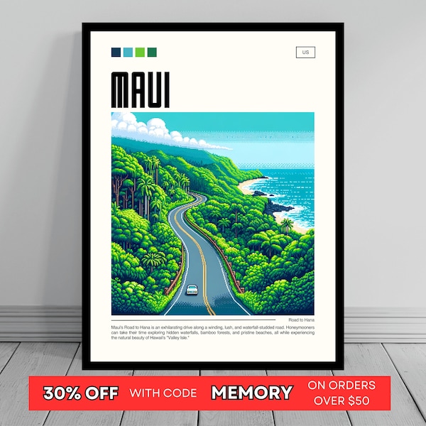 Road to Hana Print | Maui Pixel Art | Maui Wall Art | Kahului Poster | Hawaii Photo | Kahului Travel Poster | Hawaii Poster | Hawaii Print