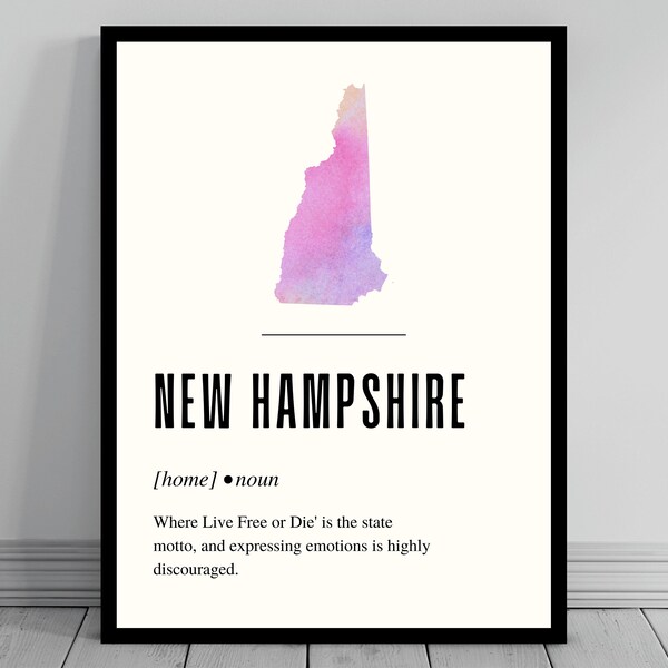 Funny New Hampshire Definition Print | New Hampshire Poster | Minimalist State Map | Watercolor Silhouette | Modern Travel | Word Art Decor