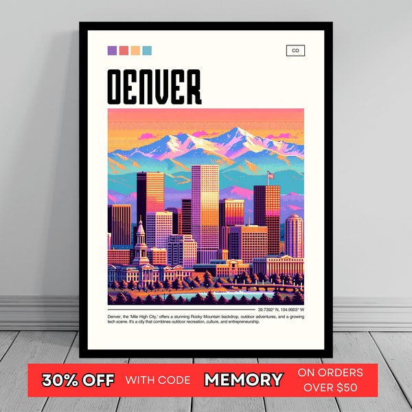 Denver Pixel Art Print | Denver Wall Art Decor | Denver Skyline Poster | Denver Photo | Cityscape Art Print | Denver Colorado Wall Art