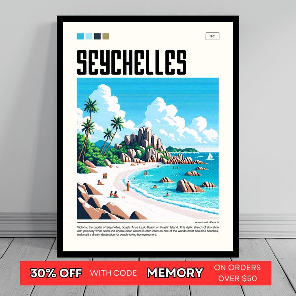Anse Lazio Beach Print | Seychelles Pixel Art | Seychelles Wall Art | Victoria Poster | Anse Lazio Beach Photo | Victoria Travel Poster