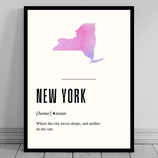 Funny New York Definition Print | New York Poster | Minimalist State Map | Watercolor State Silhouette | Modern Travel | Word Art Wall Decor