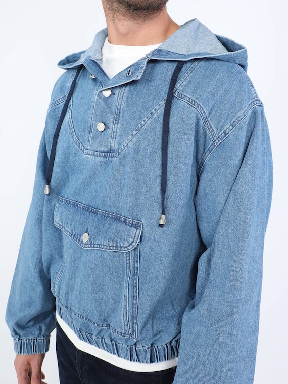 Men's Jean Sweatshirt Blue, Designer Denim Jacket, Practical Big