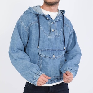 Men&#39;s Denim Sweatshirt Blue, Designer Denim Jacket, Practical Large Pocket Men&#39;s Denim Sweatshirt Light Blue, Gift