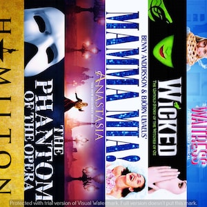 Puede incluir: Un collage de carteles de espectáculos de Broadway con los títulos "Hamilton", "El fantasma de la ópera", "Mamma Mia!", "Anastasia", "Wicked" y "Waitress".