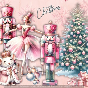 May include: A pink Christmas tree with pink and white ornaments, a pink ballerina doll, a pink nutcracker, and a white mouse wearing a pink crown and cape. The text "Merry Christmas" is written in pink letters on a pink background.