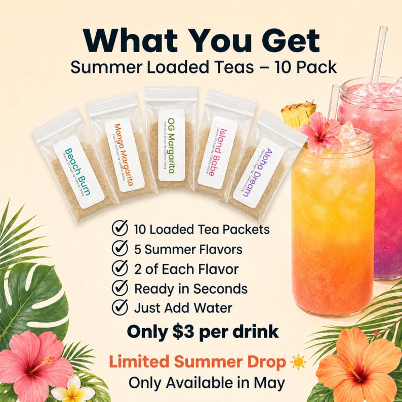 May include: Image of a summer-themed product. The image features five small packets labeled "Beach Bum", "Mango Margarita", "OG Margarita", "Island Babe", and "Aloha Dream". The text reads "What You Get Summer Loaded Teas - 10 Pack". There are two colorful drinks in glasses.