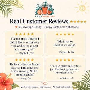 May include: An advertisement for Oasis Nutrition featuring customer reviews. The image includes a logo with a drink illustration, star ratings, and quotes from customers praising the product's taste and ease of use.