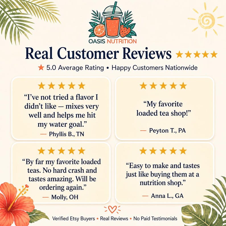 May include: An advertisement for Oasis Nutrition featuring customer reviews. The image includes a logo with a drink illustration, star ratings, and quotes from customers praising the product's taste and ease of use.